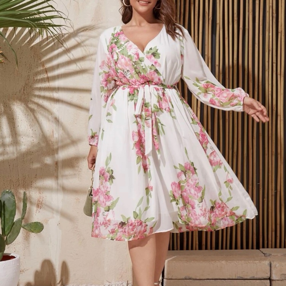 White floral, long sleeve dress